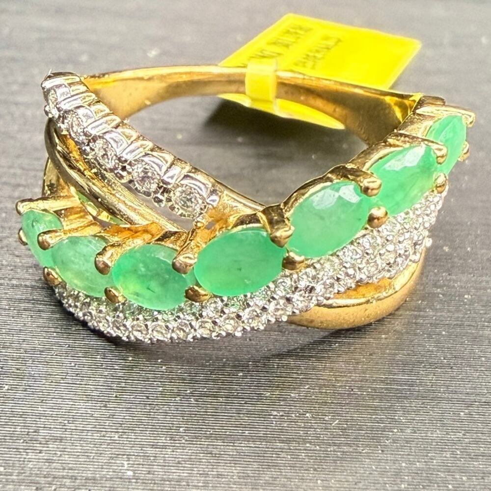White Topaz And Raw Emerald Gold Over Solid 925 Sterling Silver Size 7 Ring